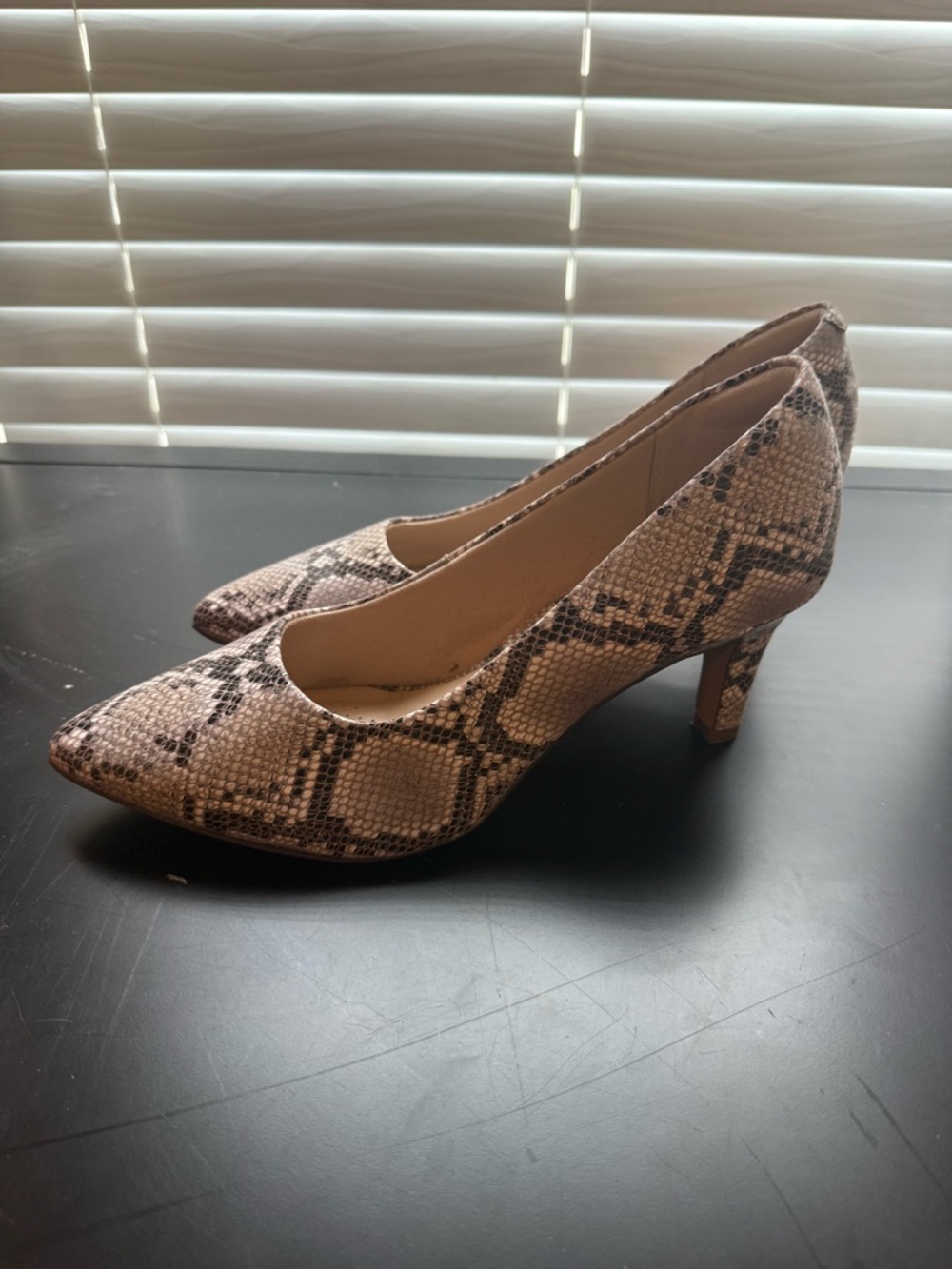 Clarks Snake-Print Pointed Toe Pumps in Taupe and Black